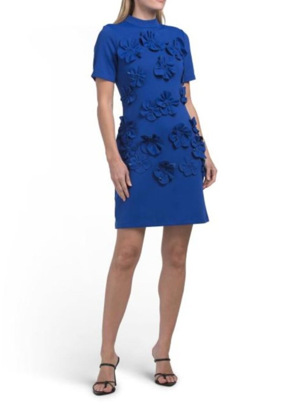 DALIA MACPHEE Short Sleeve 3d Floral Mock Neck Mini Dress